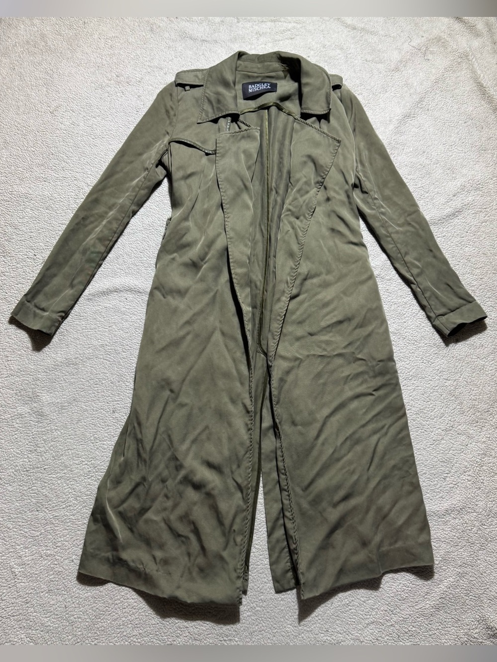 Badgley Mischka Jacket‎ Womens 2XS Green Trench Coat Collared Waist Tie Lyocell